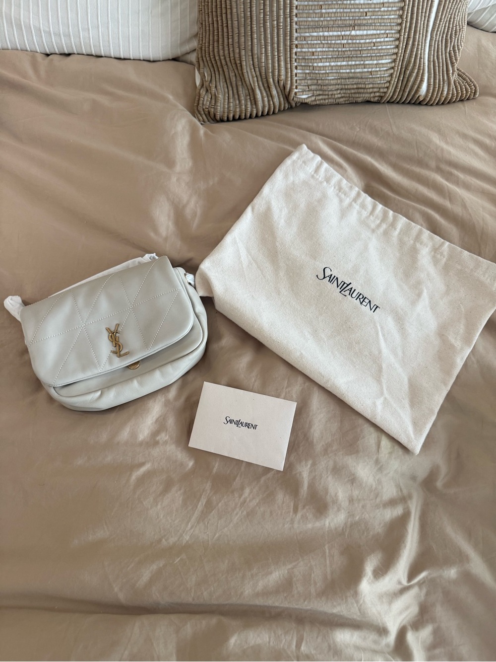 Saint Laurent Cream Quilted Leather Crossbody with Gold YSL